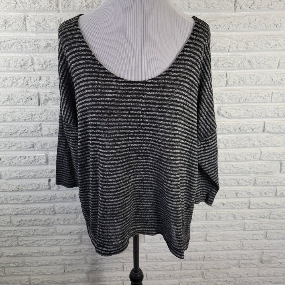 A.N.A. Sweater 2X Plus Black Gray Striped Asymmetric 3/4 Sleeve Stretch STR72XE